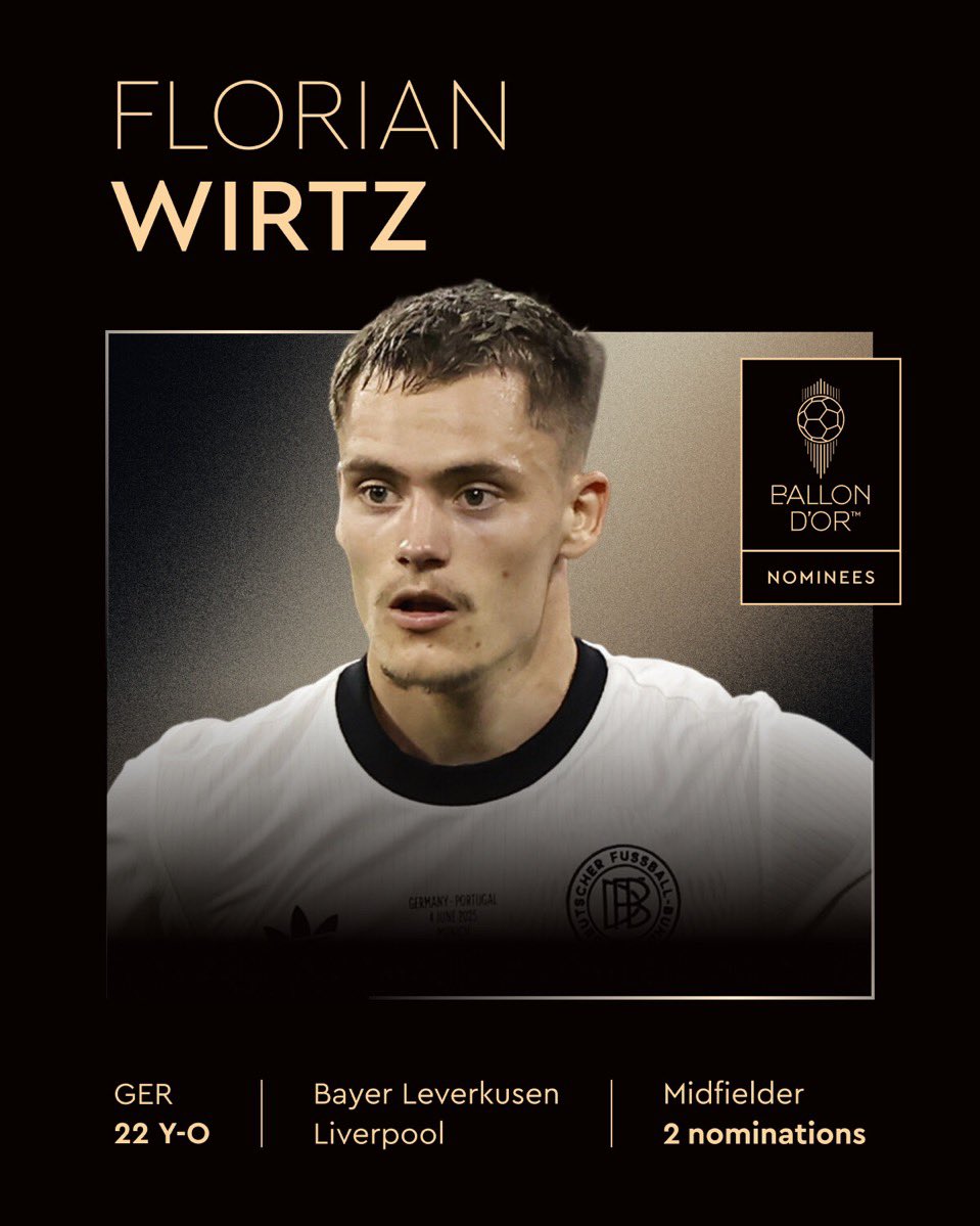 #BallonDor : 𝗙𝗟𝗢𝗥𝗜𝗔𝗡 𝗪𝗜𝗥𝗧𝗭 𝗘𝗦𝗧 𝗡𝗢𝗠𝗠𝗘́ 𝗣𝗢𝗨𝗥 𝗟𝗘 𝗕𝗔𝗟𝗟𝗢𝗡 𝗗'𝗢𝗥 𝟮𝟬𝟮𝟱 !

▪️: Quelle place selon-vous ?