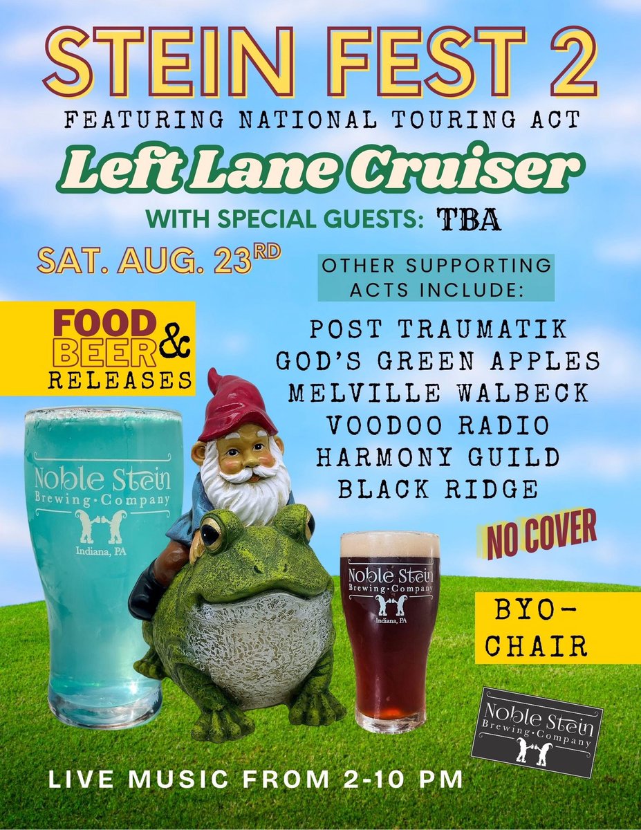 PostTraumatik's tweet image. Stein Fest returns on Saturday, August 23rd! #noblesteinbrewing #leftlanecruiser #posttraumatik #blackridge #godsgreenapples #voodooradio #melvillewalbeck #harmonyguild #indianapa #pacraftbeer #musicfest #pghpunk #pghmusic