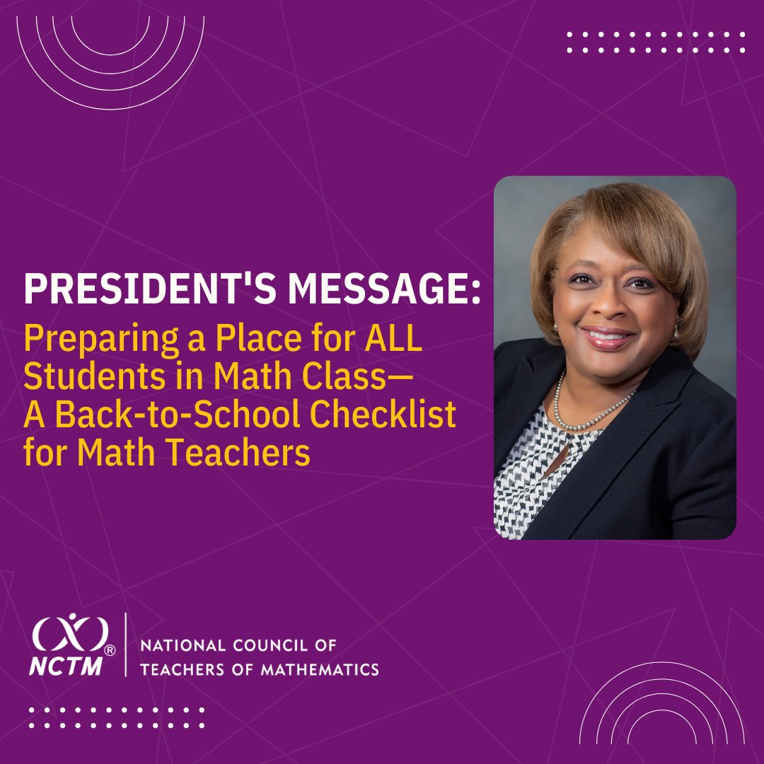 NCTM (@nctm) on Twitter photo "As we prepare to start a new school year, I wonder how many students will enter #math classrooms in the fall with the belief that they aren’t math people or that math isn’t relevant to their lives."
Read NCTM President <a href="/LatrendaK/">Latrenda Knighten</a>'s full message here: nctm.link/yO8pI "As we prepare to start a new school year, I wonder how many students will enter #math classrooms in the fall with the belief that they aren’t math people or that math isn’t relevant to their lives."
Read NCTM President <a href="/LatrendaK/">Latrenda Knighten</a>'s full message here: nctm.link/yO8pI