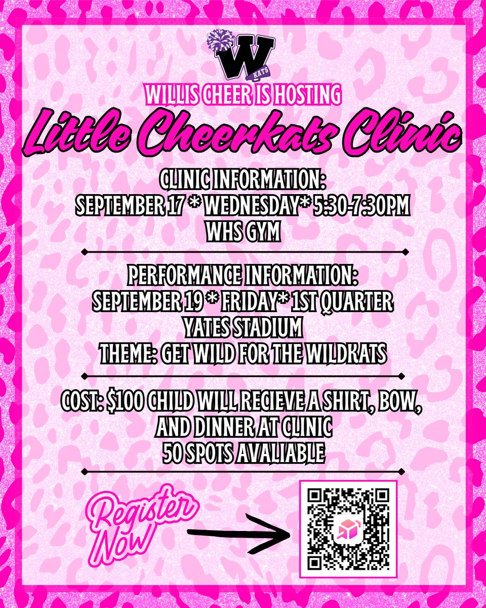 📣 Calling all future  Wildkat cheerleaders! 💜🖤

Join us for the Little Cheerkats Clinic on Sept. 17 and perform at the game on Sept. 19! 🎀🏈

💲$100 includes shirt, bow, dinner &amp; performance
📍 Only 50 spots available!
📲 Scan the QR code to register