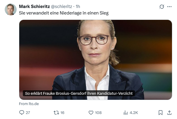 Herr Schieritz meint ernsthaft, dass Frauke Brosius-Gersdorf mit ihrem Kandidaturverzicht eine Niederlage in einen Sieg verwandelt, Realsatire.