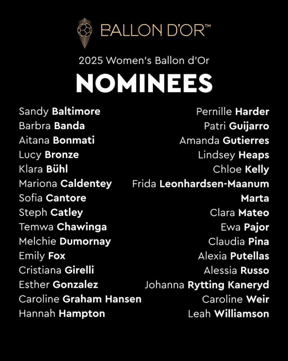 #BallonDor : 𝗟𝗘𝗦 𝟯𝟬 𝗡𝗢𝗠𝗠𝗘́𝗘𝗦 𝗗𝗨 𝗕𝗔𝗟𝗟𝗢𝗡 𝗗'𝗢𝗥 𝗙𝗘́𝗠𝗜𝗡𝗜𝗡 𝟮𝟬𝟮𝟱 !

▪️: Qui sera la gagnante selon-vous ?