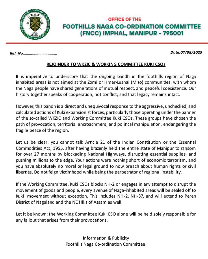 Lampu Zomi (@lampu_eimi) on Twitter photo Rejoinder to WKZIC & Working Committee Kuki CSOs
By
FOOTHILLS NAGA CO-ORDINATION COMMITTEE, Manipur
<a href="/LIANGMAIPOST/">𝐋𝐈𝐀𝐍𝐆𝐌𝐀𝐈 𝐏⭕𝐒𝐓</a>
<a href="/htTweets/">Hindustan Times</a>
<a href="/ukhrultimes/">Ukhrul Times</a>
<a href="/ImphalFreePress/">Imphal Free Press</a>
<a href="/ndtv/">NDTV</a>
<a href="/timesofindia/">The Times Of India</a> Rejoinder to WKZIC & Working Committee Kuki CSOs
By
FOOTHILLS NAGA CO-ORDINATION COMMITTEE, Manipur
<a href="/LIANGMAIPOST/">𝐋𝐈𝐀𝐍𝐆𝐌𝐀𝐈 𝐏⭕𝐒𝐓</a>
<a href="/htTweets/">Hindustan Times</a>
<a href="/ukhrultimes/">Ukhrul Times</a>
<a href="/ImphalFreePress/">Imphal Free Press</a>
<a href="/ndtv/">NDTV</a>
<a href="/timesofindia/">The Times Of India</a>