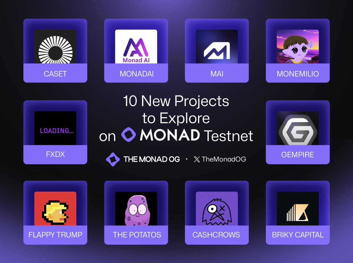 10 New Projects to Explore on Monad Testnet - Part 2

<a href="/casetnetwork/">Caset</a>
<a href="/MonadAI_xyz/">MonadAI</a>
<a href="/mai_protocol/">MAI</a>
<a href="/0xmonemilio/">Monemilio (mainnet arc)</a>
<a href="/gempire_app/">Gempire</a>
<a href="/BrikyCapital/">Briky Capital - Bring Real Estate Onchain</a>
<a href="/CashCrows/">CashCrows | NFT Backed Loans</a>
<a href="/ThePotatos_xyz/">The Potatos</a>
<a href="/PlayFlappyTrump/">Flappy Trump | X2C</a>
<a href="/fxdxdex/">FXDX (Purple Arc)</a>