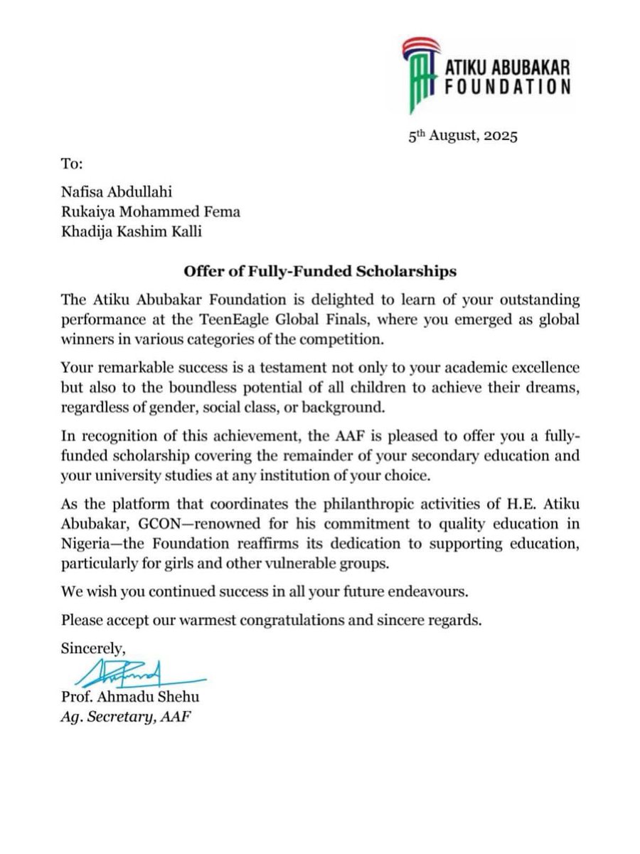 MFaarees_'s tweet photo. The Boss himself, Alhaji Atiku Abubakar has offered our young stars a fully-funded scholarship to study in any university of their choice anywhere in the world! 

Thanks so much Baba @atiku. 

I still don't know why it's taking Tinubu forever to encourage these beautiful souls. https://t.co/AGCReQU8Gt