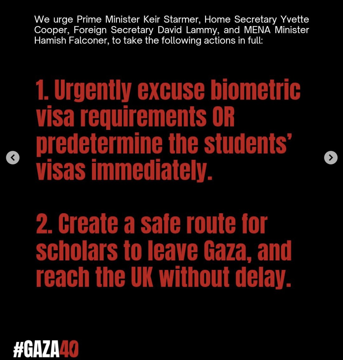 More than 40 students trapped in #Gaza with scholarships to UK Universities are asking for a safe route to come &amp; study. Over 4,800 UK university staff urge <a href="/ukhomeoffice/">Home Office</a> &amp; <a href="/FCDOGovUK/">Foreign, Commonwealth & Development Office</a> to allow biometric visa deferrals &amp; open a safe route. Read the letter: bit.ly/3IYjqVl
