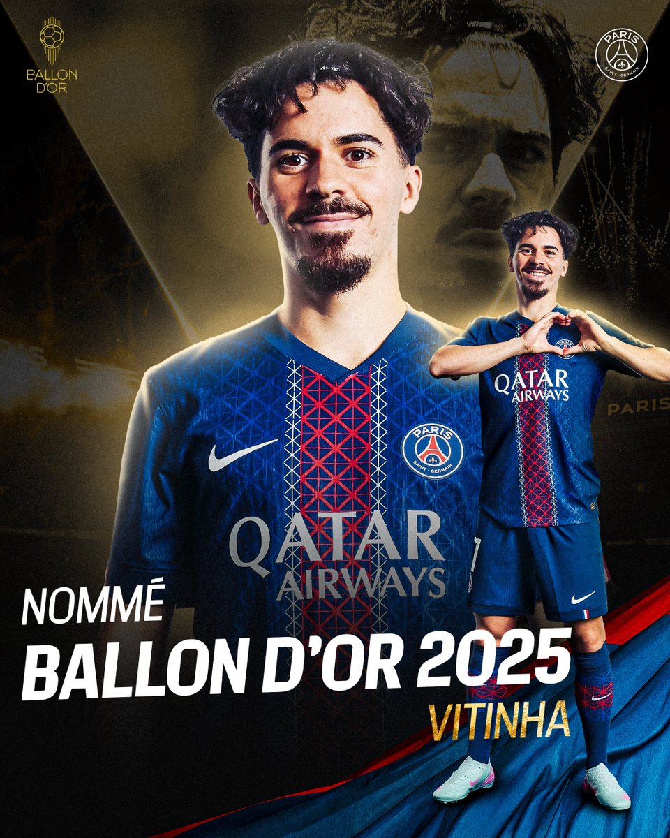 Notre milieu de terrain est nommé ! ✨

Vitinha est en lice pour le Ballon d'Or 2025. Cette nomination est la consécration d'un travail acharné !

Félicitations, Viti ! 👏 

#BallondOr