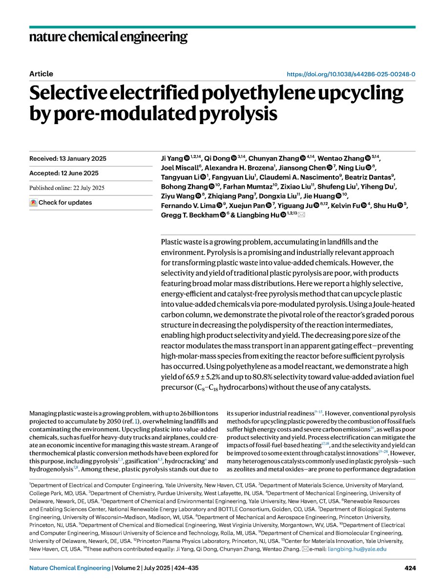 Nature Chemical Engineering (@natchemeng) on Twitter photo ๐จOnline now!
A pore-modulated pyrolysis reactor that enables catalyst-free and energy-efficient upcycling of plastic waste. <a href="/YaleEngineering/">Yale Engineering</a>
Link ($): nature.com/articles/s4428โฆ
โก๏ธFree PDF: rdcu.be/ezJqF ๐จOnline now!
A pore-modulated pyrolysis reactor that enables catalyst-free and energy-efficient upcycling of plastic waste. <a href="/YaleEngineering/">Yale Engineering</a>
Link ($): nature.com/articles/s4428โฆ
โก๏ธFree PDF: rdcu.be/ezJqF