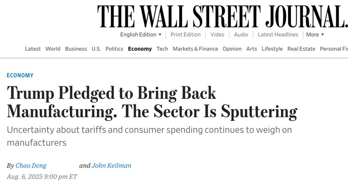 TRUMP: MANUFACTURING IS COMING BACK TO AMERICA.

REALITY: 
-Manufacturing Sector slowing.
-Layoffs increasing. 
-Tariff Rate highest since 1930s
- Productivity dropping.