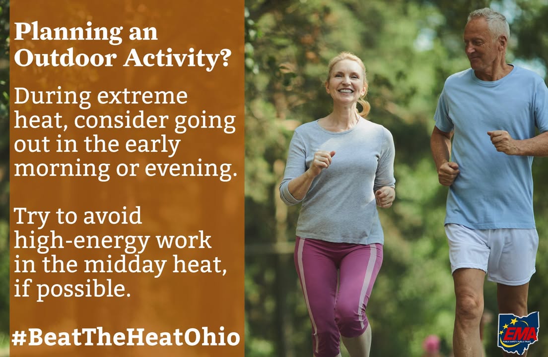 Strenuous activities can take more of a toll during extreme heat. Consider doing higher-energy activities before or after the hottest part of the day. For more information, visit: bit.ly/45S1bbf #BeatTheHeatOhio #OhioEMA