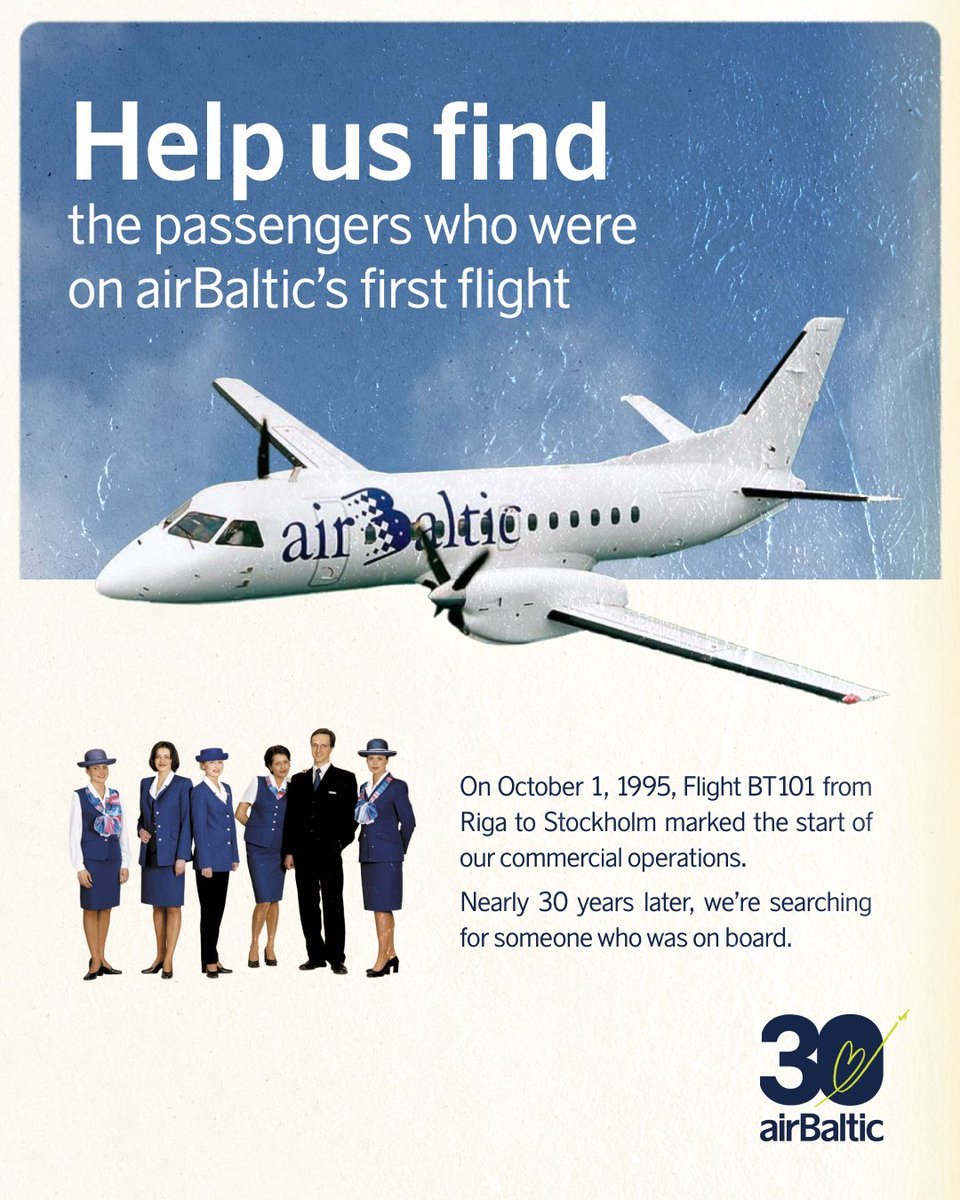 airBaltic's tweet image. As we celebrate airBaltic’s 30th birthday, we’re looking for the very first passengers who flew with us on day one – October 1, 1995. If you were on board Flight BT101 from Riga to Stockholm or know someone who was – we’d love to hear from you 📩

This historic flight marked the…