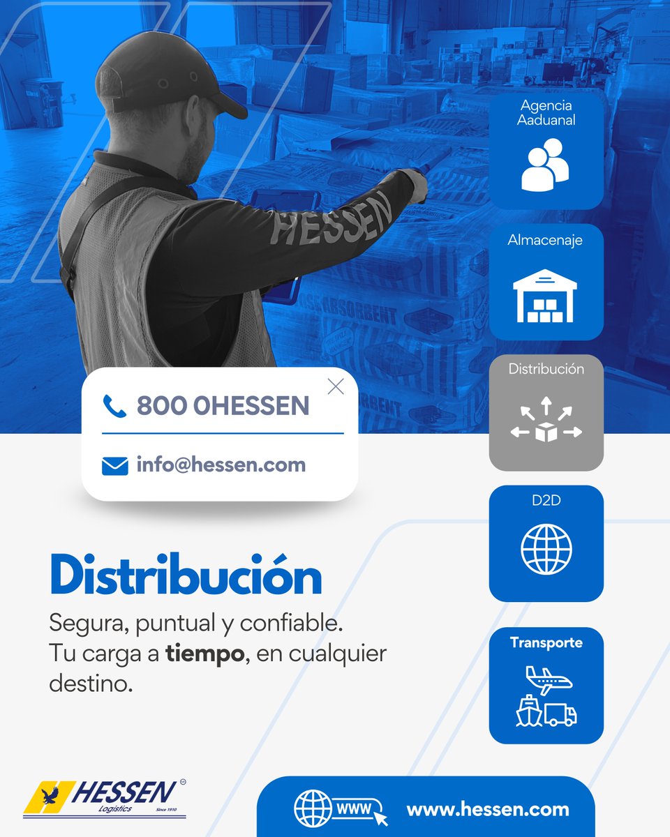 📍Desde nuestros almacenes hasta el punto final…
Hessen asegura que tu carga llegue cuando y donde debe estar.

✅ Precisión
✅ Puntualidad
✅ Compromiso

Contáctanos y deja que tu carga viaje segura.
☎ 800 0HESSEN | ✉ info@hessen.com