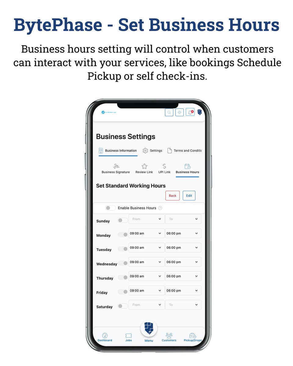 bytephase's tweet image. 📅 Set Your Business Hours with BytePhase

Go to Business Settings → Business Hours and update your schedule in seconds.

✅ Smarter. Smoother. More professional.

#BytePhase #SmartScheduling #ServiceAutomation