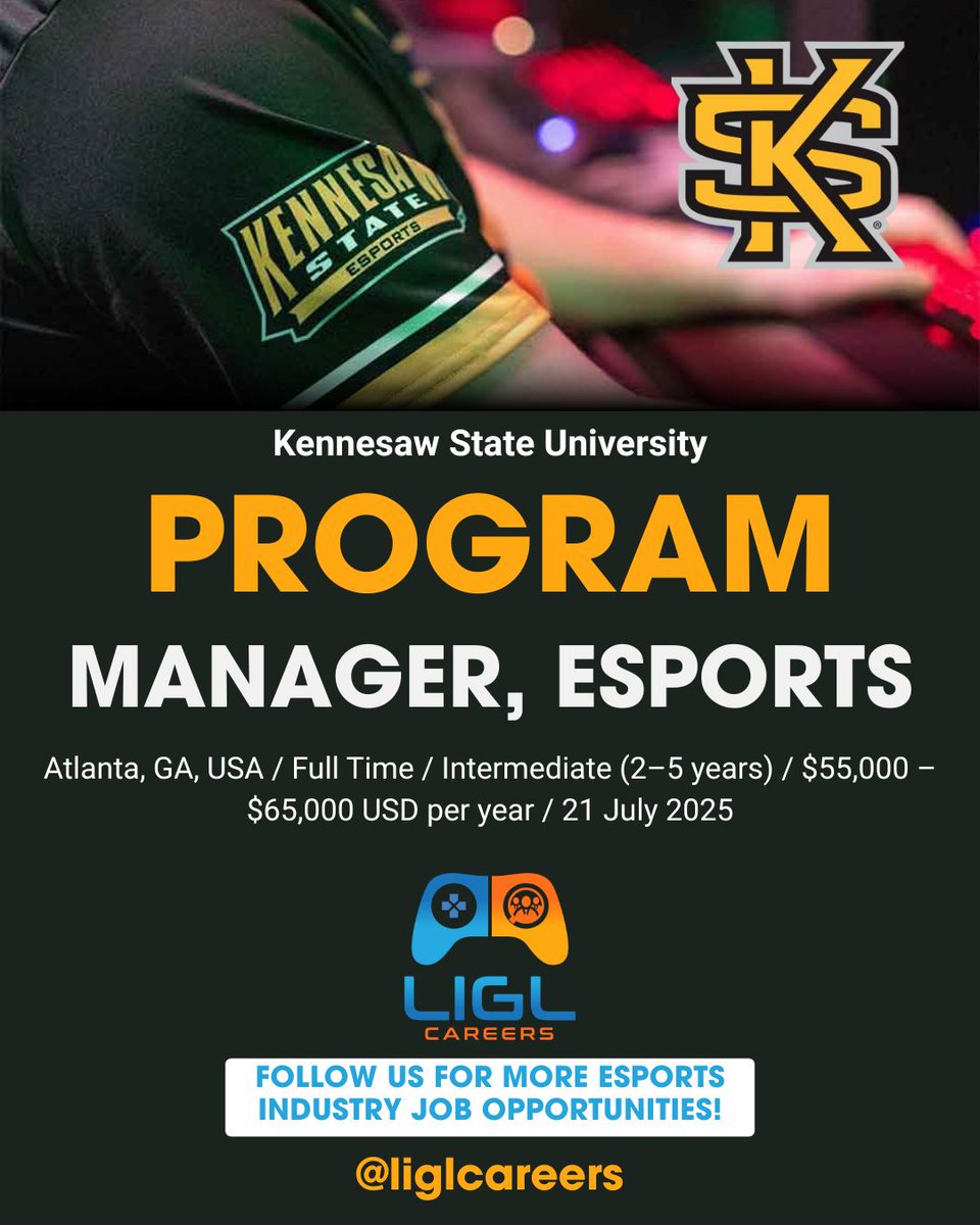 #FOLLOWUS FOR more Esports industry job Opportunities! (Program Manager, Esports) *NOTE This position is based at the Marietta campus of Kennesaw State University, part of the greater Atlanta Area.*
Apply Today: shorturl.at/9O9JO #EsportsJobs