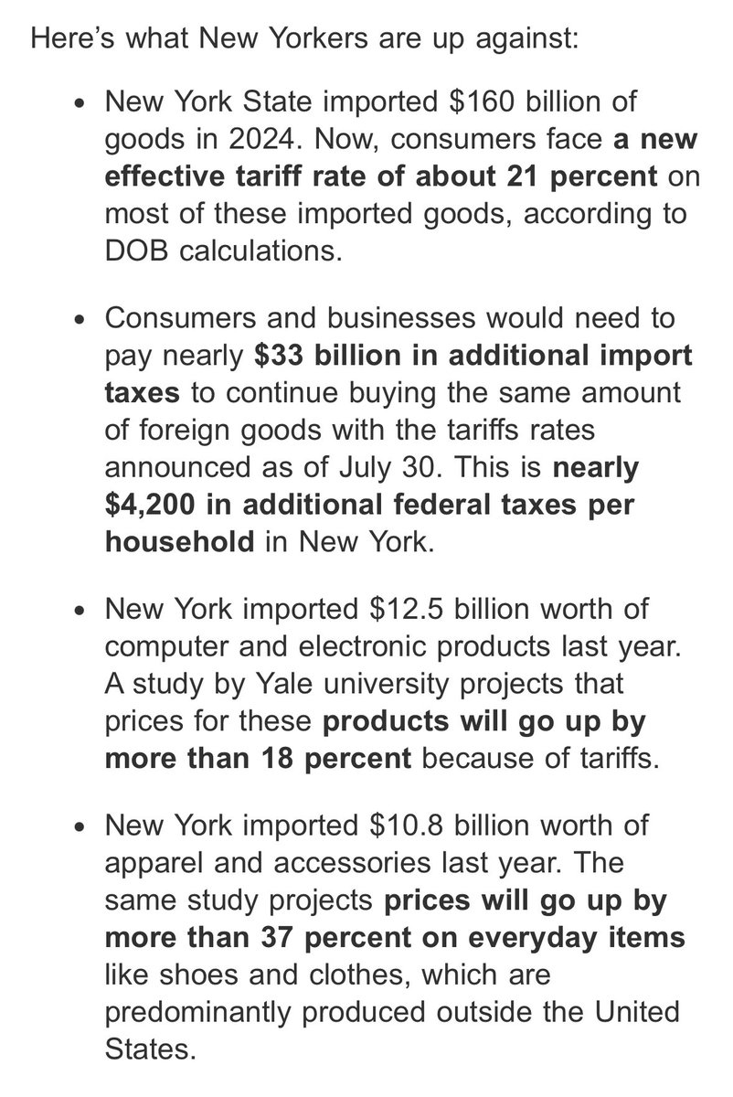 Emma Wallner (@emmagwallner) on Twitter photo 💰On Trump’s 8/7 tariff deadline, <a href="/GovKathyHochul/">Governor Kathy Hochul</a> is out with new numbers, detailing expected cost increases across the state.
TLDR: Trump’s trade war is set to crush New Yorkers’ wallets 💰On Trump’s 8/7 tariff deadline, <a href="/GovKathyHochul/">Governor Kathy Hochul</a> is out with new numbers, detailing expected cost increases across the state.
TLDR: Trump’s trade war is set to crush New Yorkers’ wallets