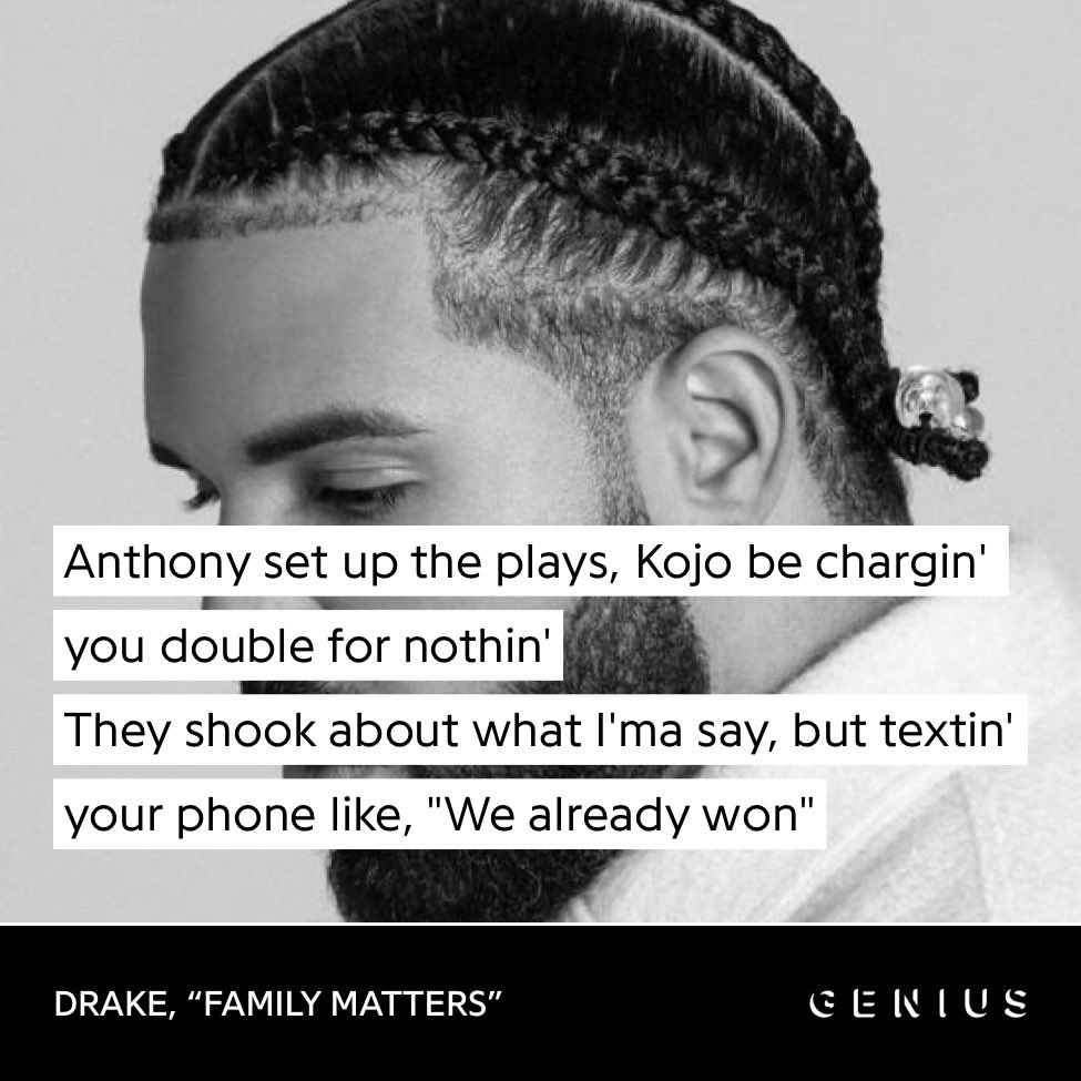 hiphopunison's tweet image. Drake really be talking some real shit in his raps, meanwhile most just be saying anything. “Anthony set up the plays, KOJO BE CHARGING YOU DOUBLE FOR NUN” was no joke thing.

Drake was always aware since and when he said 20v1 in Family Matters entailed much more than just…