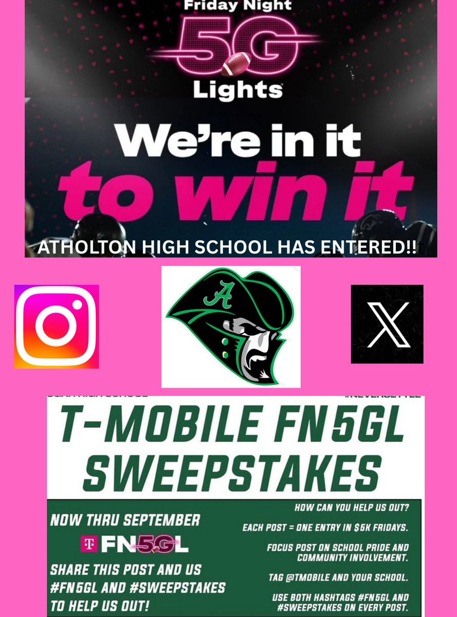 Atholton entered the <a href="/TMobile/">T-Mobile</a> Friday Night 5G
Lights contest. They're celebrating small-town high school football, giving upgrades to schools + awarding a $1 Million game-changing grand prize! It could be us! #FN5GL <a href="/AtholtonFB/">Atholton HS Football</a> <a href="/morton_sab85462/">Sabrina Morton</a>