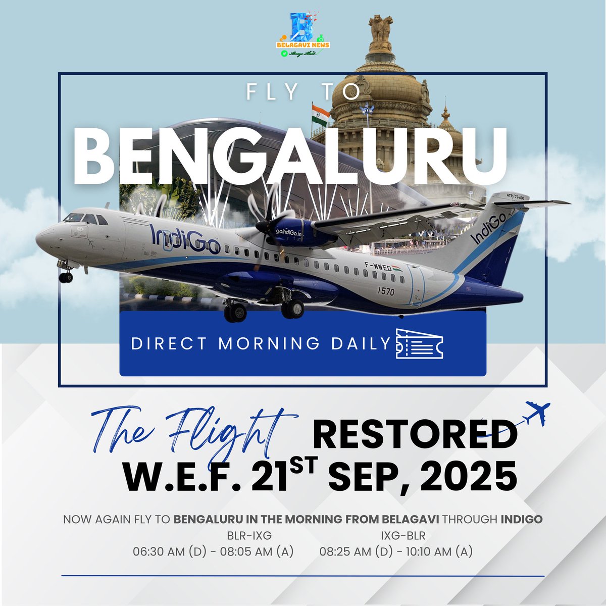 Belagavi News Co.in |X| All About Belagavi 🇮🇳 (@belagavi_news) on Twitter photo <a href="/IndiGo6E/">IndiGo</a> Daily Morning flights from <a href="/DelhiAirport/">Delhi Airport</a> & <a href="/BLRAirport/">BLR Airport</a> to <a href="/aaiblgairport/">Belagavi Airport ಬೆಳಗಾವಿ ವಿಮಾನ ನಿಲ್ದಾಣ</a> is now restored WED 16th & 21st Sep Respectively. <a href="/IndiGo6E/">IndiGo</a> Daily Morning flights from <a href="/DelhiAirport/">Delhi Airport</a> & <a href="/BLRAirport/">BLR Airport</a> to <a href="/aaiblgairport/">Belagavi Airport ಬೆಳಗಾವಿ ವಿಮಾನ ನಿಲ್ದಾಣ</a> is now restored WED 16th & 21st Sep Respectively.