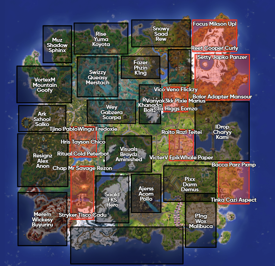 BoopNL_'s tweet photo. FNCS Global Championship Map

32/33 (Stryker Tisco Cadu not 100% confirmed after patch). https://t.co/Izgsm7ZZtq