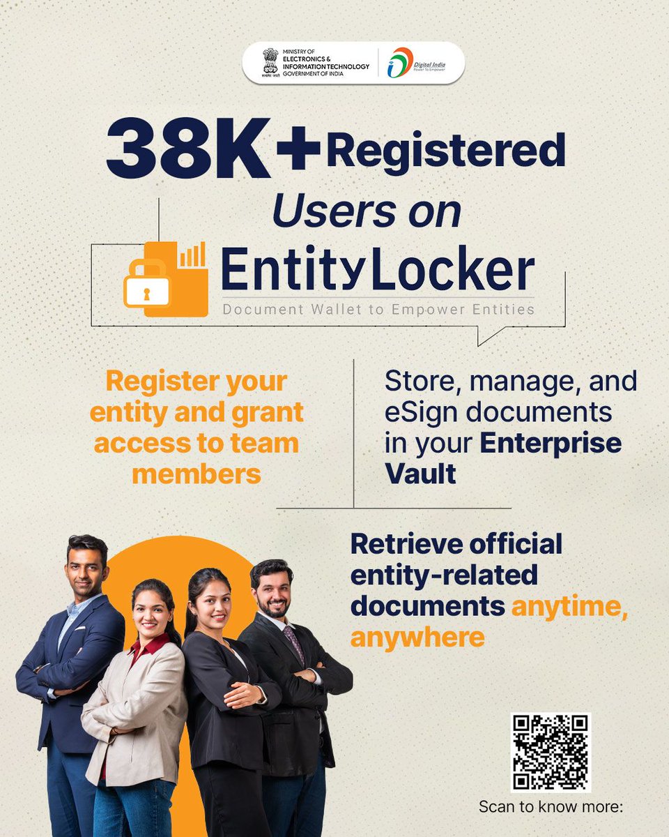 GoI_MeitY's tweet image. 📂 EntityLocker: A secure digital vault for institutions, startups, NGOs &amp;amp; more.
Easy onboarding, eSign, and smart storage — all in one place.

🔗 digilocker.gov.in/entity-locker

#EntityLocker #DigitalIndia