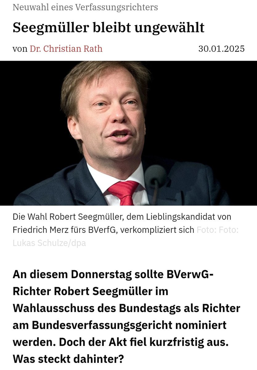 Linke Parteien wählen Richter nicht weil er zu konservativ ist - keine Sau juckts.

Linke Richterin wird von CDU nicht gewählt und schon ist das das Ende der Demokratie. #BrosiusGersdorf