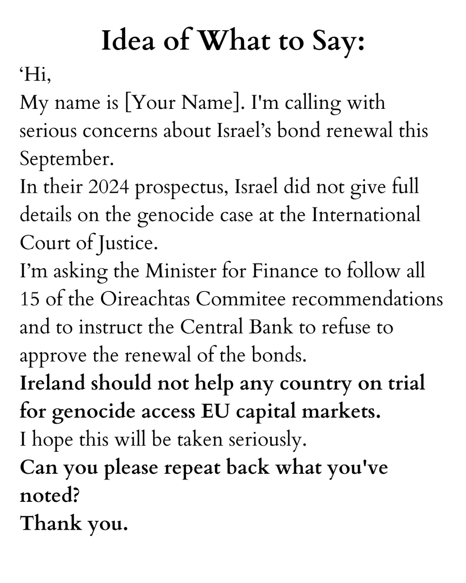 Demand the Department of Finance refuse Israel’s bond approval! Call: +353 1 676 7571 #NotInOurName #StopIsraelBonds #IrelandForJustice #FreePalestine #GenocideCase #ICJ #FinancialAccountability #ImperialComplicity