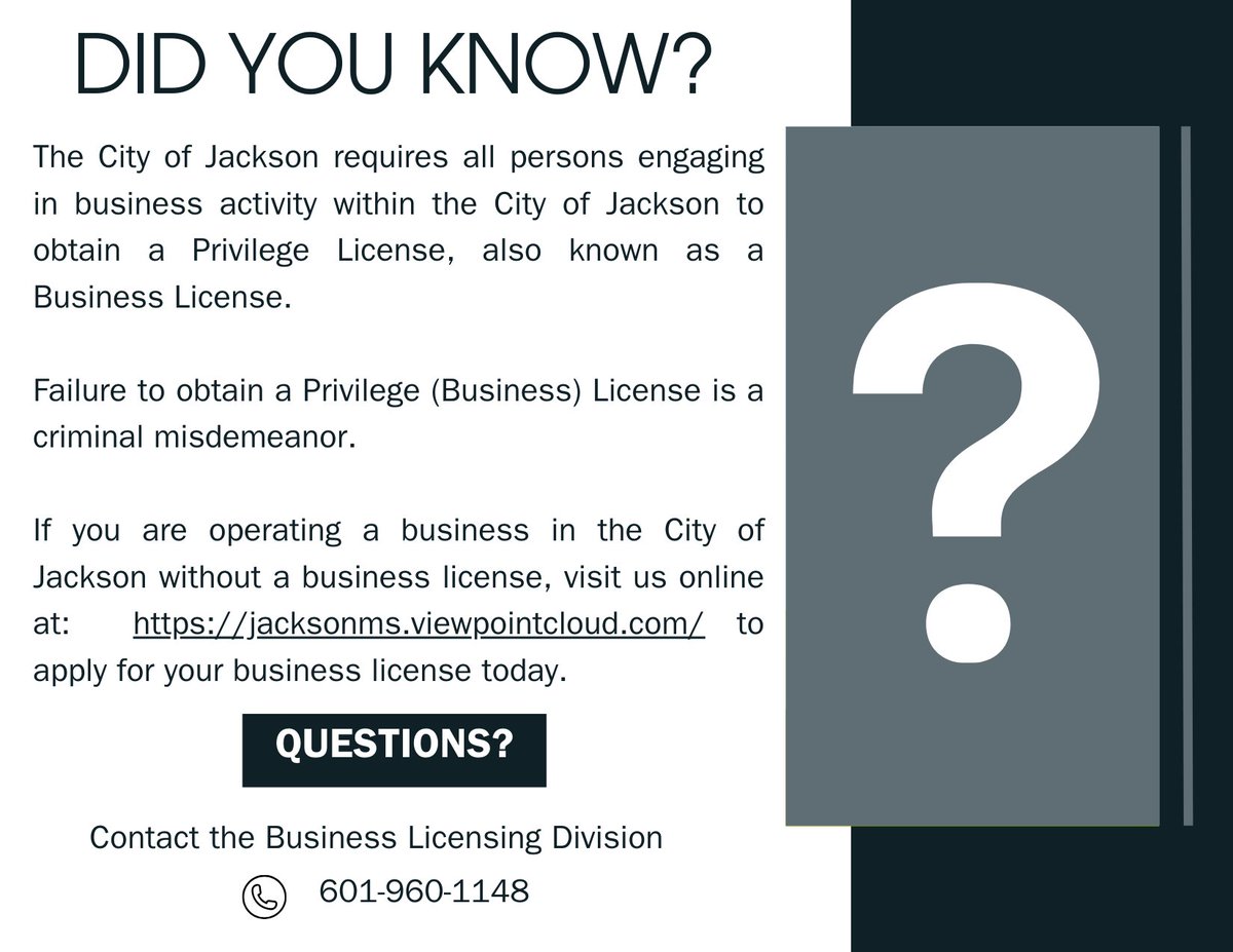 jxnplanning's tweet image. Companies that possess a valid privilege (business) license benefit from increased growth possibilities, scalability prospects, and financial stability. Get your business license today at ow.ly/FKcC50R7rSP 

#DidYouKnow  #ScaleYourBiz #JacksonMississippi