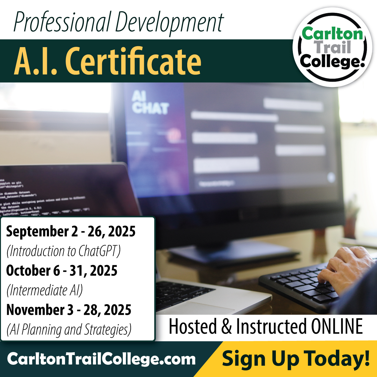 AI has been a buzzword of the working and online world for the past few years, but do you know how to utilize it to your best advantage? Give yourself and your workflows a competitive advantage. 📱💻 

Starts in September. 
carltontrailcollege.com/program-course…