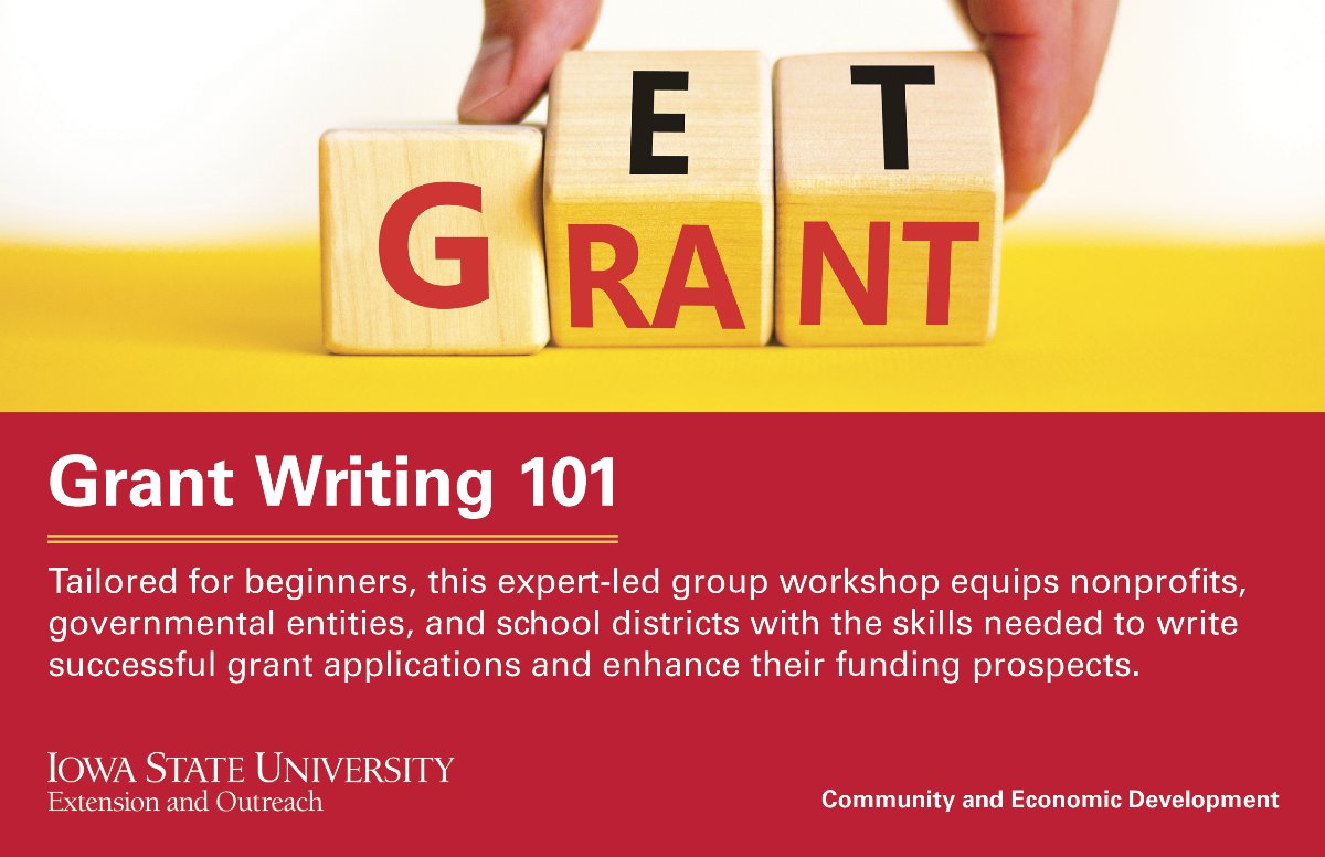 Register for our  Grant Writing 101 workshop on Tuesday August 12 from 6 to 8 pm.

This workshop provides hands-on training in seeking and writing successful grant applications. Learn more and register 👉go.iastate.edu/ZF8CDK

#StrongIowa #grants #grantwriting #register