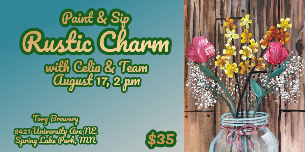 TorgBrewery's tweet image. Give your artwork some Rustic Charm with 
Celia and her team of talented instructors 
Sunday, August 17, 2 pm.
ow.ly/crLw50WqYVu
Use Discount Code TBCP23 at checkout.
#paintandsip #paintingclass #mayflowers #thingstodoanoka #classpopevents #torgbrewery