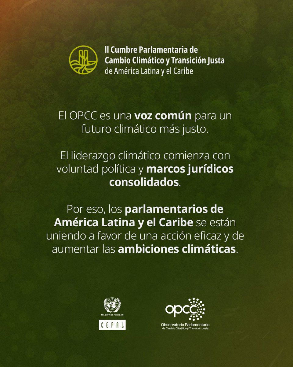 🌎 ¿Conoces el Observatorio Parlamentario de Cambio Climático y Transición Justa (#OPCC)?
Es una red de parlamentarios de #AméricaLatina y el #Caribe que impulsa una agenda regional común para la #acciónclimática y una #transiciónjusta 🌱.
Con el respaldo de la #CEPAL y el apoyo