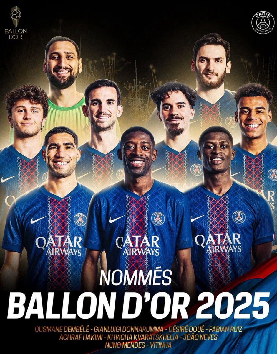 #BallonDor : 𝗔𝗩𝗘𝗖 𝟵 𝗝𝗢𝗨𝗘𝗨𝗥𝗦 𝗗𝗔𝗡𝗦 𝗟𝗔 𝗟𝗜𝗦𝗧𝗘 𝗗𝗘𝗦 𝟯𝟬 𝗡𝗢𝗠𝗜𝗡𝗘́𝗦 𝗔𝗨 𝗕𝗔𝗟𝗟𝗢𝗡 𝗗’𝗢𝗥 𝟮𝟬𝟮𝟱, 𝗟𝗘 𝗣𝗦𝗚 𝗥𝗘́𝗔𝗟𝗜𝗦𝗘 𝗨𝗡 𝗡𝗢𝗨𝗩𝗘𝗔𝗨 𝗥𝗘𝗖𝗢𝗥𝗗 ! 

Jamais un club n’avait eu autant de représentants dans un TOP 30 pour le Ballon d’Or.