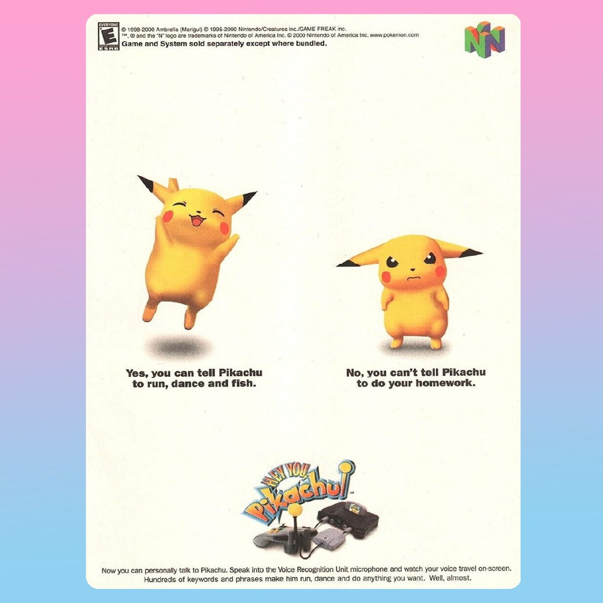 AgonaleaGames's tweet photo. En 1998, Nintendo nos vendía el futuro con Hey You, Pikachu! 🎤 Fue un hito que marcó la historia: control por voz en una época en la que internet apenas despertaba ⚡ 27 años después llega Punko, que escucha… pero no obedece 

#Pikachu #Nintendo #HeyYouPikachu #Videogames https://t.co/pn6cYTh2ee