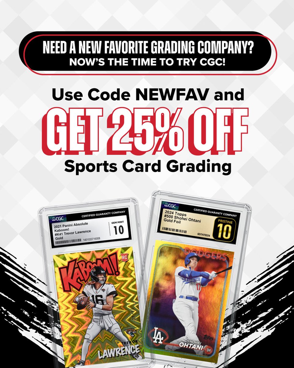 CGCCards's tweet image. Need a new favorite grading company?

CGC is here with affordable prices, fast turnaround times and the best holder in the hobby!

Use code NEWFAV to get 25% off sports card grading!
Head to CGCcards.com to submit today.

*The discount applies to sports grading fees…