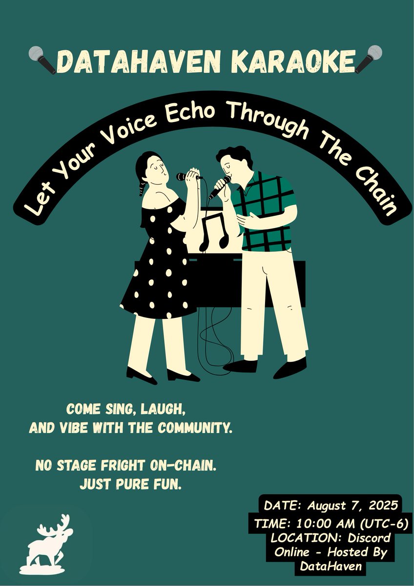 DataHaven Karaoke 

Join us for DataHaven’s Karaoke Aug 7, 10AM (UTC-6)

No suits. No VCs. Just vibes, laughs &amp; wild vocals 🎶

<a href="/DataHaven_xyz/">DataHaven 🫎</a> is hosting, you in?

Online &amp; open to all.
✅ Join the Discord: discord.gg/datahaven