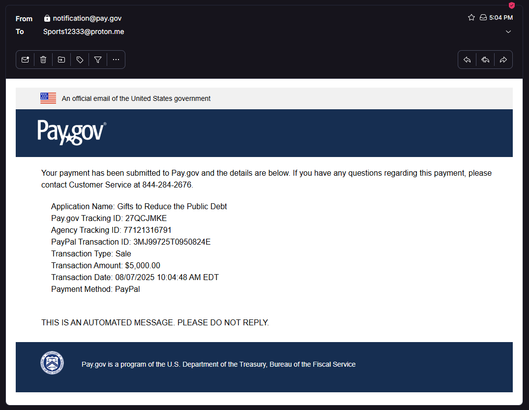 DebtCoinBonk's tweet photo. Payment #22 Complete 💰

$5,000 sent to the @USTreasury via https://t.co/zeLb2v7m62

Paygov Tracking ID: 27QCJMKE
Agency Tracking ID: 77121316791

Total Donated: $190,000

https://t.co/SO27la93LA
