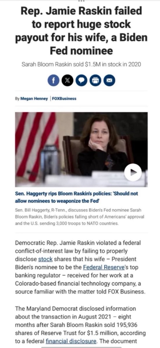 Another on that should be investigated is Jamie and Sarah Raskin. 

Rep. JAMIE RASKIN failed to report huge stock payout for his wife, a BIDEN FED NOMINEE, Sarah Bloom Raskin sold $1.5M in stock in 2020.

The Maryland Democrat disclosed information about the transaction in August