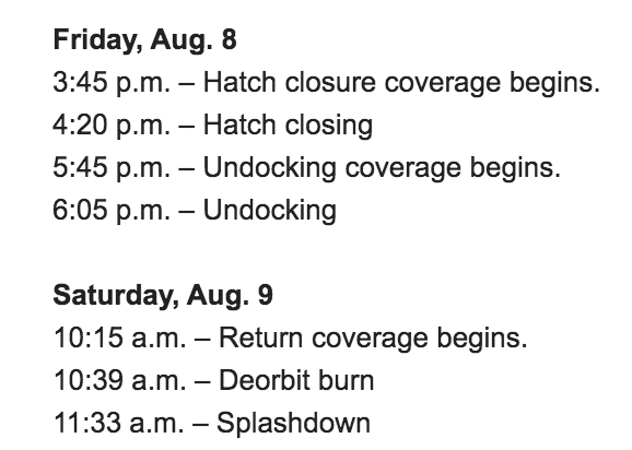 Crew 10: nuevo retraso en su regreso debido a fuertes vientos en las costas de California.

El desacople será entonces mañana 8 y el "splashdown" el 9 de Agosto.

Los horarios son ET, hay que agregar 4hrs para UTC.