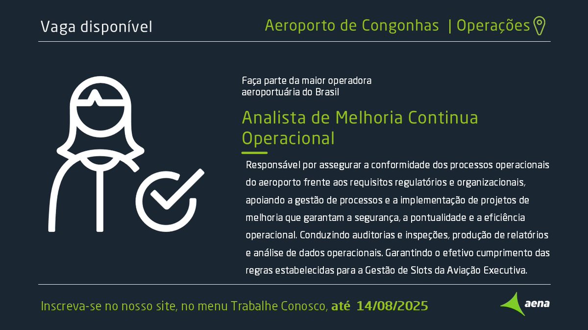Vaga Aena no Aeroporto de Congonhas! 
Estamos com oportunidade para Analista de Melhoria Contínua Operacional em São Paulo.
Inscrições até 14/08/25 pelo link:  jobs.recrutei.com.br/aena-brasil/va…
Boa sorte! 💚
#Aena #Vaga #AeroportoDeCongonhas