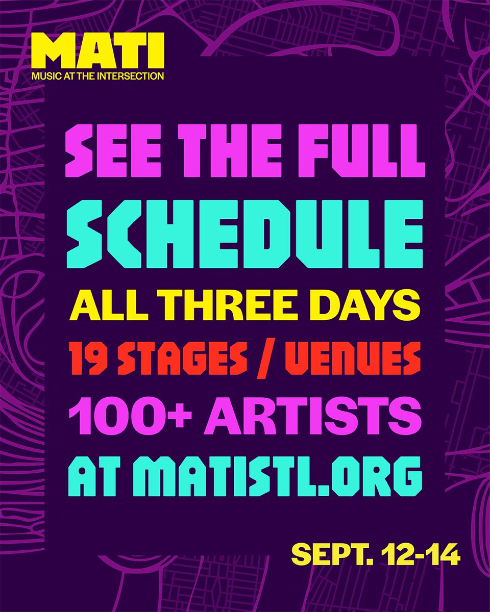 Who’s playing MATI what day… what stage… what time!? We’ve got the answers to all your burning 🔥 questions. 

Head to MATIstl.org to see the full MATI Festival and Conference schedule: 3 days of programming across 19 stages / venues with 100+ incredible artists 🤯