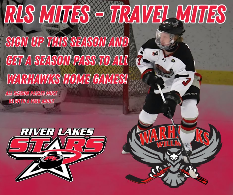The Willmar WarHawks are extremely excited to announce our partnership with River Lakes Stars Hockey

Every player that signs up for Mini Mites to Travel Mites gets a season pass to all regular season home games!