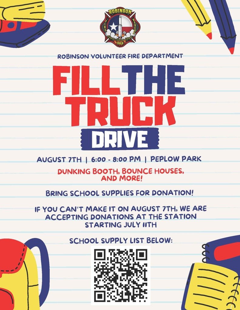 Join Robison Volunteer Fire Department's Fill The Truck Drive on August 7, 6-8 PM at Peplow Park! Enjoy dunking booths, bounce houses &amp; more. Bring school supplies or donate at the station from July 11. Let’s support our students together!