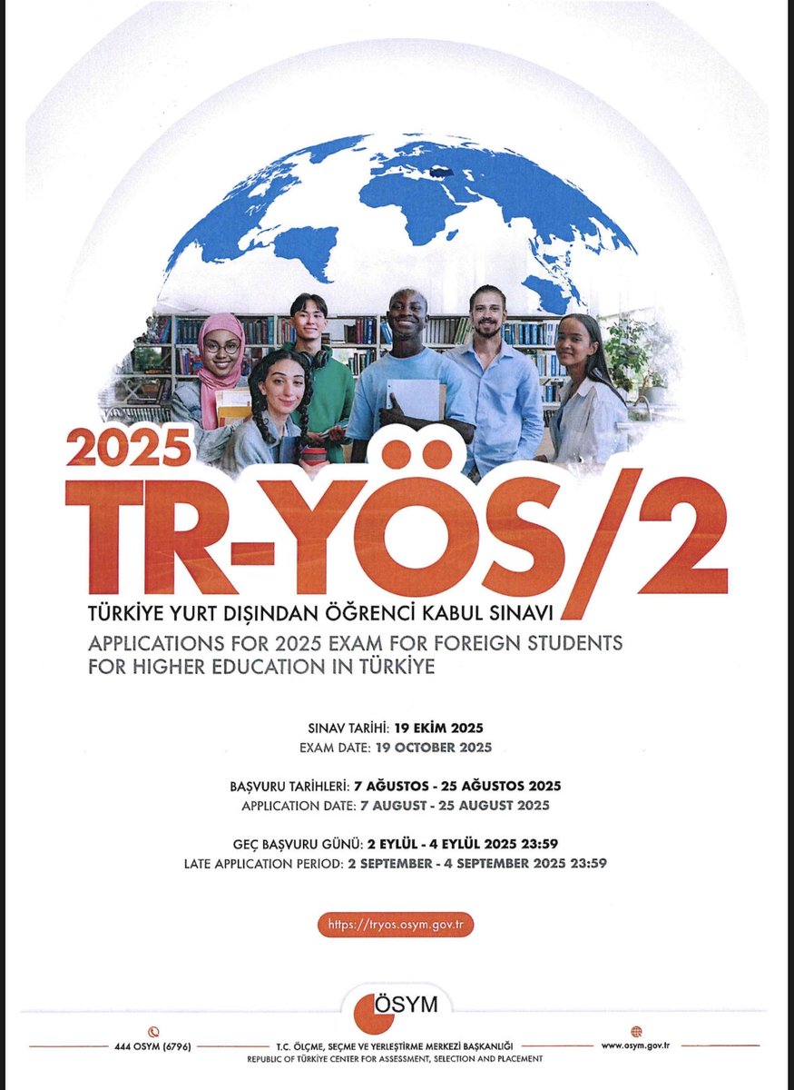 📢 Prijave na ispit za prijem inostranih studenata 2025 (TR YÖS/2) bit će otvorene u periodu od 7. do 25. augusta 2025. godine.

📆 Datum ispita: 19. oktobar 2025.

🔗 Detaljne informacije: tryos.osym.gov.tr