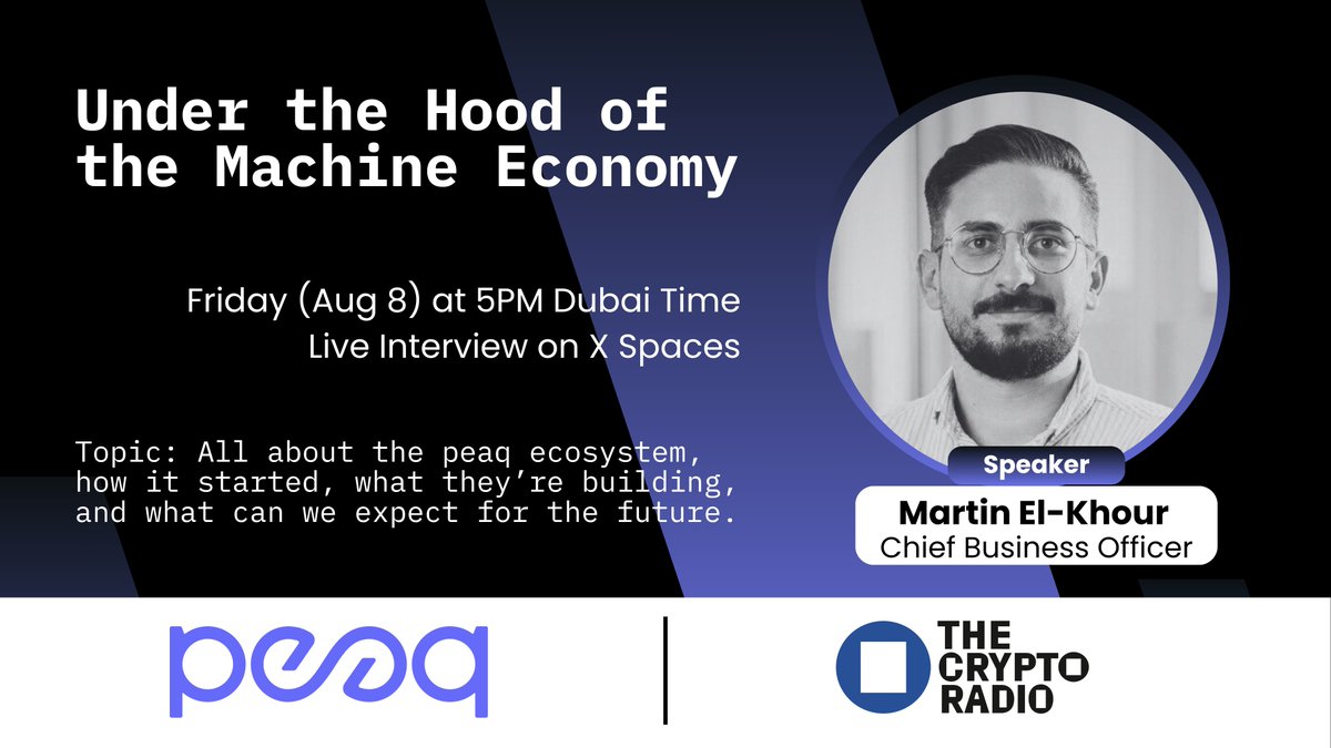 The Crypto Radio (@thecryptoradiox) on Twitter photo 🚨X Spaces Alert!🚨
What's under the hood of the machine economy?
What powers the machines that power the future? Check it out tomorrow (Aug 8) at 5PM Dubai time with:
- Martin El-Khouri <a href="/MartinElKhouri/">Martin El-Khouri</a>, Chief Business Officer (CBO) at <a href="/peaq/">peaq</a> 🚨X Spaces Alert!🚨
What's under the hood of the machine economy?
What powers the machines that power the future? Check it out tomorrow (Aug 8) at 5PM Dubai time with:
- Martin El-Khouri <a href="/MartinElKhouri/">Martin El-Khouri</a>, Chief Business Officer (CBO) at <a href="/peaq/">peaq</a>