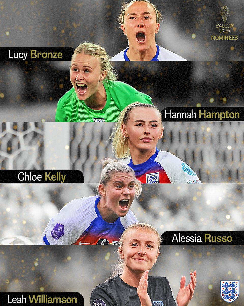 Lionesses (@lionesses) on Twitter photo Our 2025 Women's #ballondor nominees! ❤️
🏆 <a href="/LucyBronze/">Lucy Bronze MBE</a>
🏆 <a href="/hannahhampton_/">Hannah Hampton</a>
🏆 <a href="/chloekelly/">Chloe</a>
🏆 <a href="/alessiarusso7/">Alessia Russo</a>
🏆 <a href="/leahcwilliamson/">Leah Williamson</a> Our 2025 Women's #ballondor nominees! ❤️
🏆 <a href="/LucyBronze/">Lucy Bronze MBE</a>
🏆 <a href="/hannahhampton_/">Hannah Hampton</a>
🏆 <a href="/chloekelly/">Chloe</a>
🏆 <a href="/alessiarusso7/">Alessia Russo</a>
🏆 <a href="/leahcwilliamson/">Leah Williamson</a>