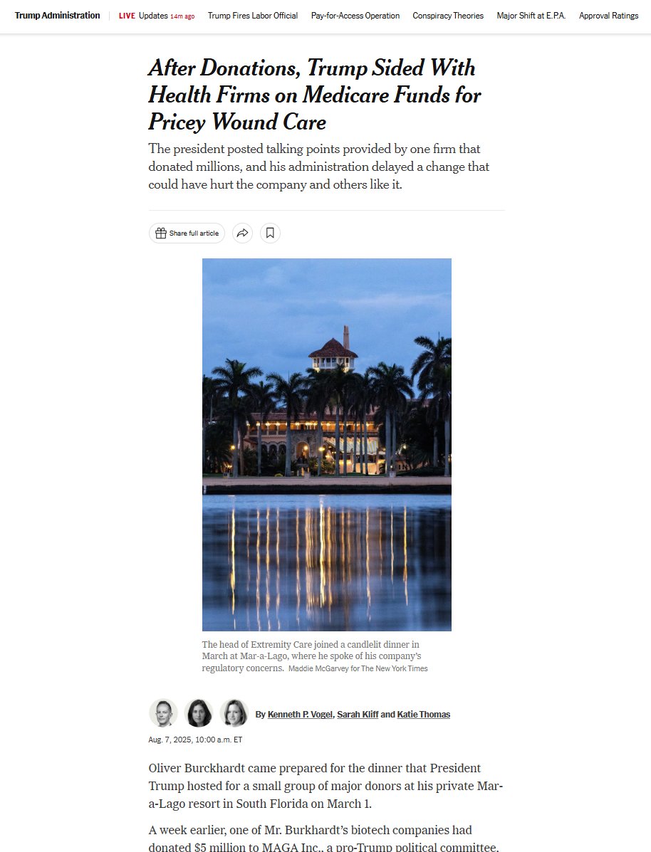 kenvogel's tweet image. NEW: A biotech company donated $5M to attend a March 1 dinner with Trump.

The company&apos;s co-owner brought a flier opposing a pending change limiting Medicare $ for his products.

The next day, Trump posted the flier on Truth Social.

The next month, the Medicare change was tabled