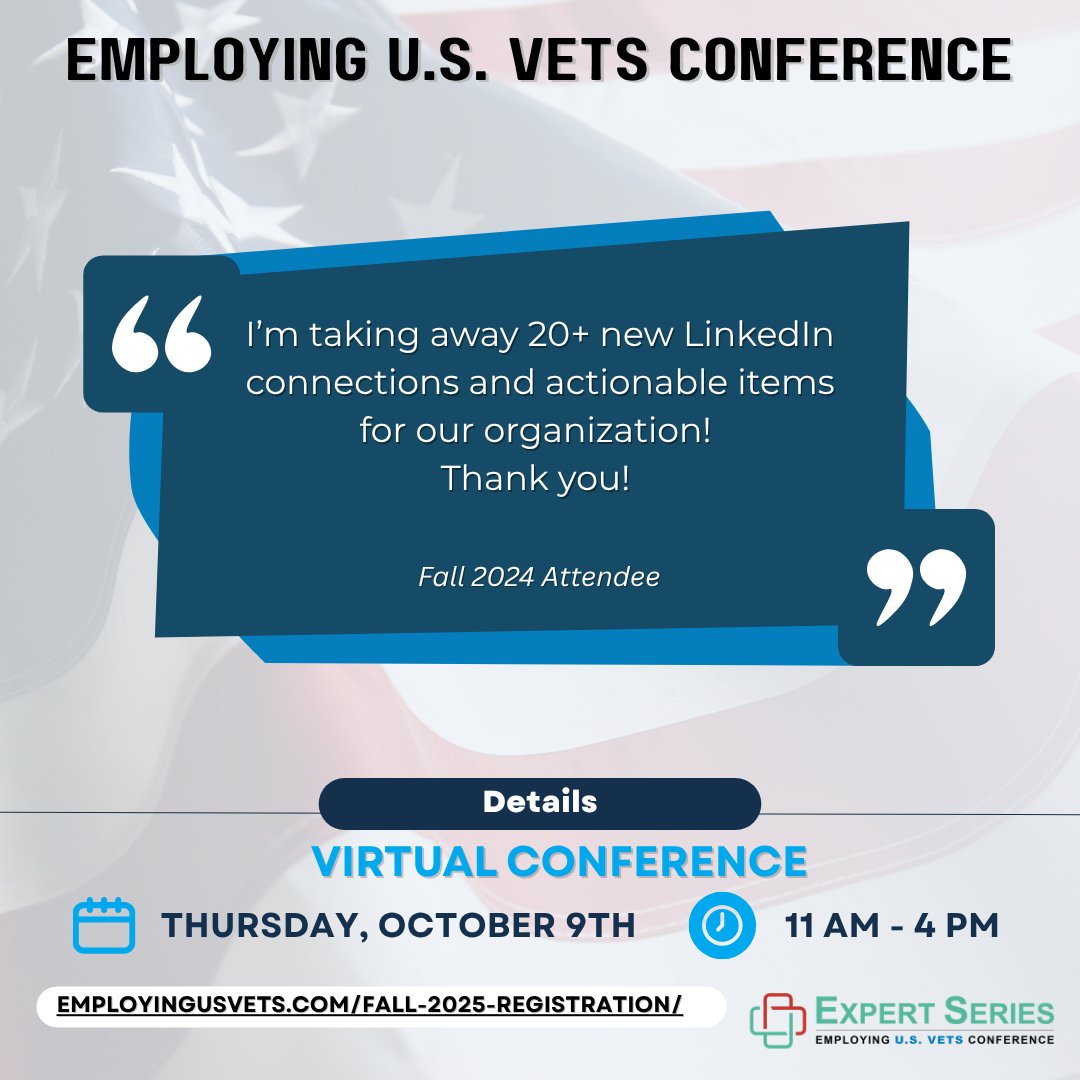 VETSIndexes's tweet image. Join over 700+ employers, advocates, and hiring leaders already registered.
💻 The Employing U.S. Vets Virtual Conference returns 10.9.25!
🎙️ Insight. Action. Impact.
Register for free: EmployingUSVets.com
#VeteranHiring #EmployingUSVets  #HireAVeteran #MilitaryTalent