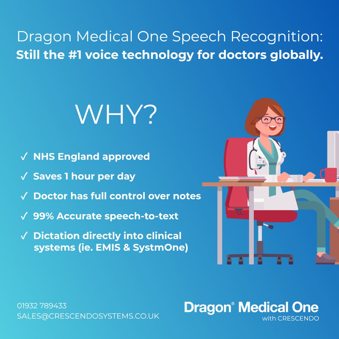 Microsoft's Dragon Medical One was made available in the UK in 2018, and is still a favourite of doctors to assist with their clinical documentation.

Discover for yourself why over half a million clinicians use Dragon across the world with a free trial - crescendosystems.co.uk/speech-recogni…