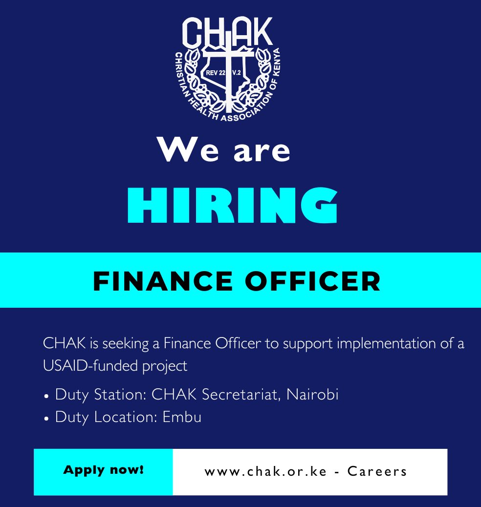 CHAK is seeking to fill the position of Finance Officer. Kindly visit our Website chak.or.ke careers page for more information. Application deadline is August 21, 2025.