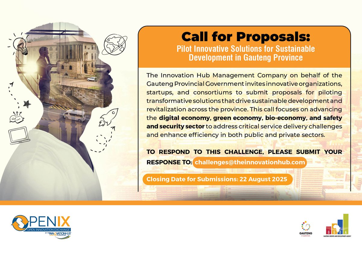 Gauteng is looking for innovators!

The Innovation Hub wants proven tech solutions in Green economy, Digital, Bio-economy, and Security.

Apply by 22 Aug 2025
For more info: 👉 bit.ly/SEC_funding-gu…

#InnovationHub #TechForChange #SAStartups